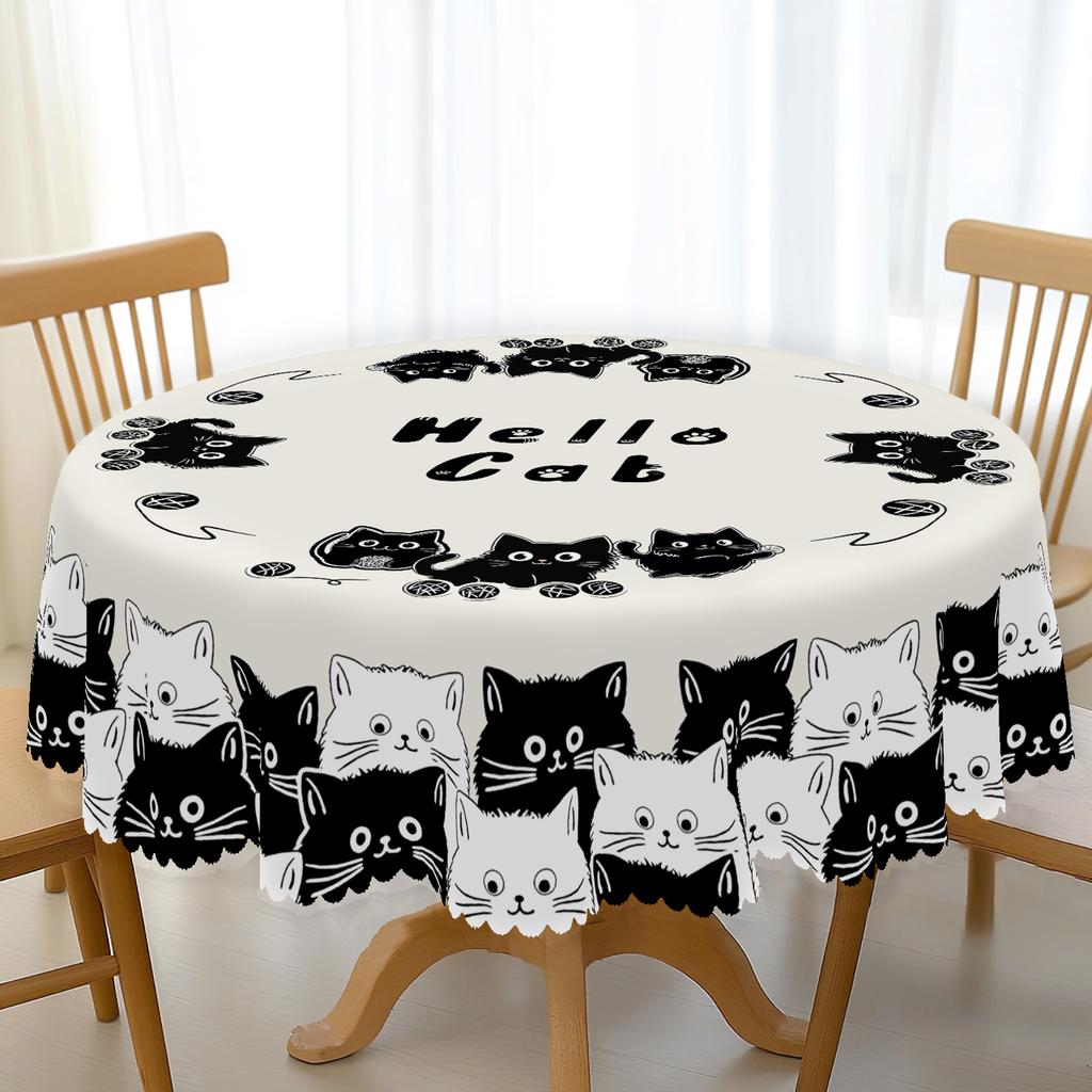 1 Piece Black And White Cat Pattern Tablecloth, Cute Cat Decoration Party Supplies Polyester Machine Washable Tablecloth With Lace, Suitable For Party