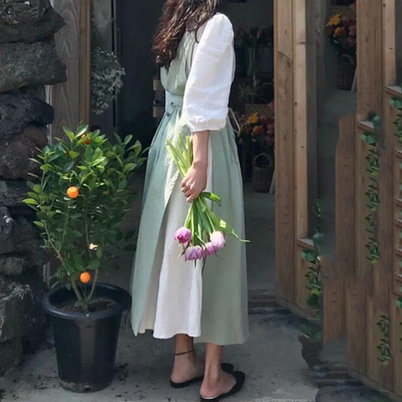 Ретро Арт Хлопок и Лен Фартук в Стиле Мори с Принтованным Логотипом