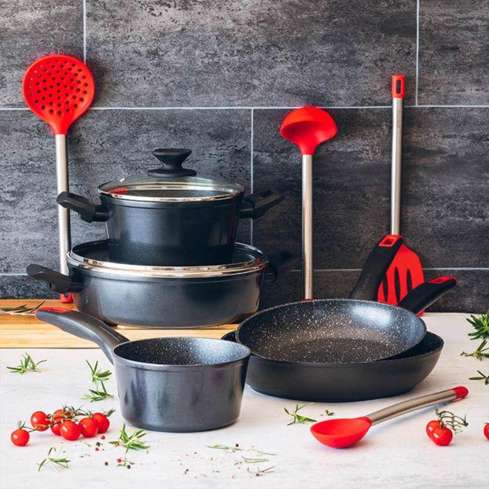 MONIX Titan Rock | Гриль 28 см с полосками, кованый алюминий, дно для полной индукции, антипригарное покрытие внутри и снаружи, совместимый