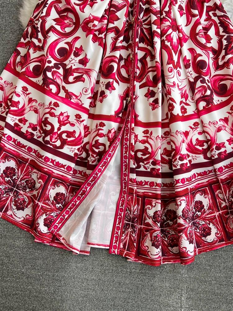 Summer Women Lapel Single Breasted Brand Designer Vintage Print Sleeveless Tank Runway Party Dresses with Belt