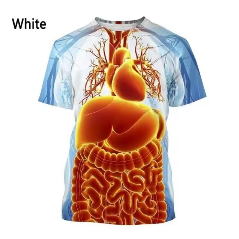 Fashion New Printing Human Organs and Bones Men's T-shirt Casual Short Sleeved Round Neck Harajuku Large Comfortable