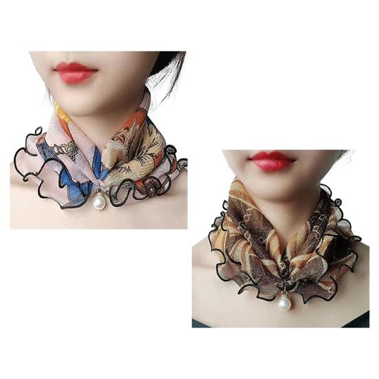 2Pcs Women Faux Silk Scarf Printing Faux Pearl Decor Lace Trim Lightweight Scarf Hand Strap Accessory