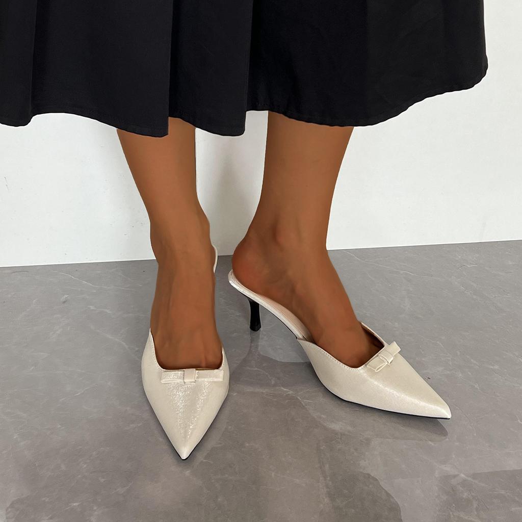 Pointed Head Thin Heel Slippers High Heel Temperament Bow Bag Head Half Drag Women's Shoes European and American Large Size Slippers Women's Shoes