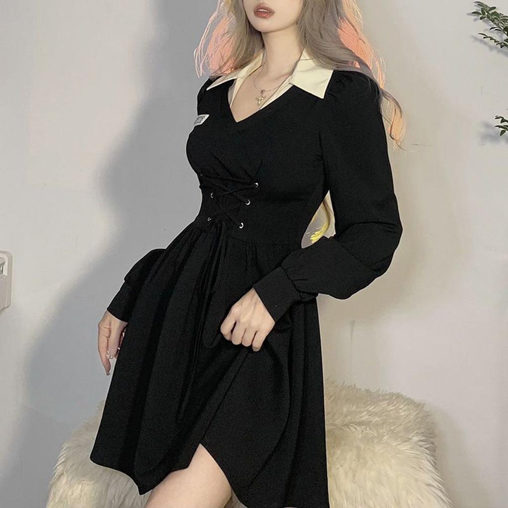 Женское черное платье в стиле ретро в стиле колледжа, платье трапециевидной формы до талии