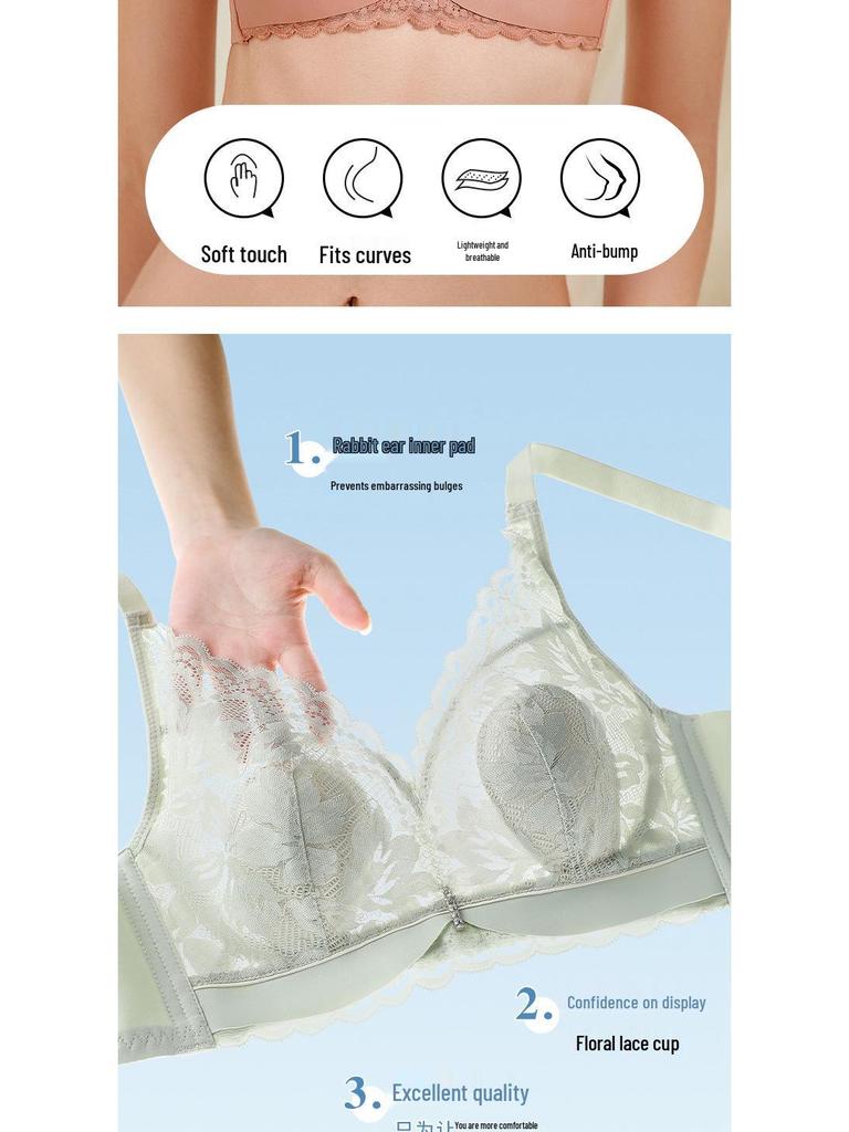 Crystal Lace Bunny Ears Wireless Bra - Breathable, Thin, Side Support for Smaller Looking Bust