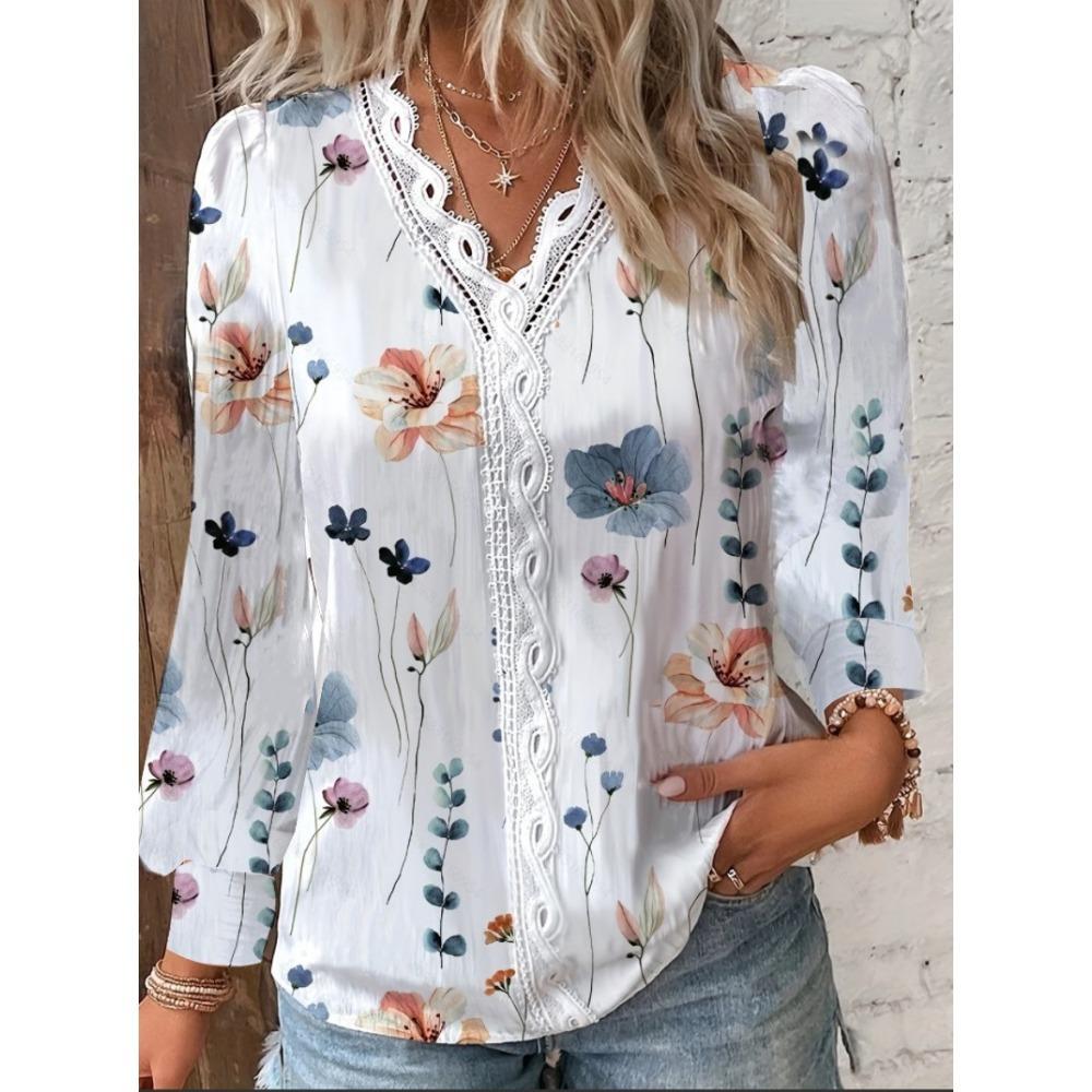 HNXC Women's Fashion Casual Autumn Winter Floral Print Long Sleeve V-Neck Blouses & Shirts