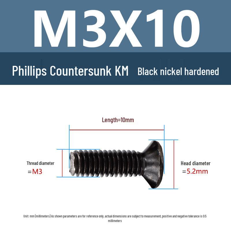 Yigu Carbon Steel Black Nickel Hardened KM Phillips Flat Head Screws M2-M4 for Electronics