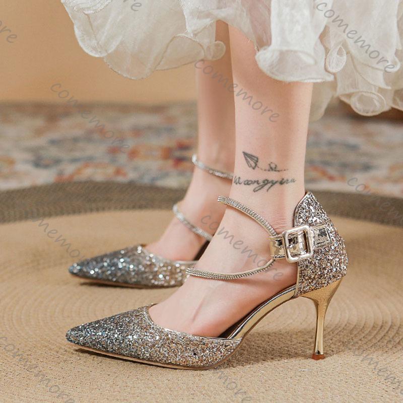 Fashion Comemore Gradient Colour Sequins High-heeled Women Shoes Temperament Crystal Wedding Banquet Pumps Sexy Stiletto Heels Women