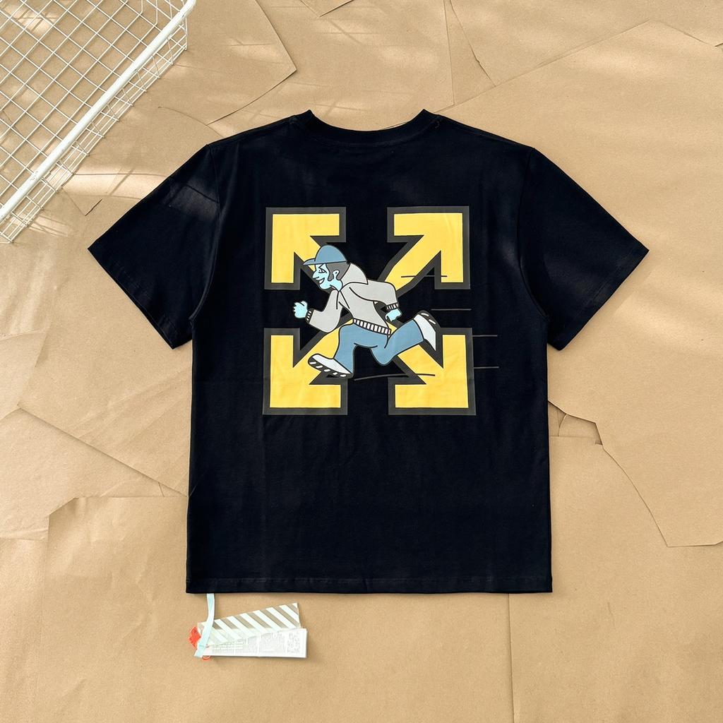 Off-White 2025 Лето Новинка Run Quickly Blue Man Футболка с принтом желтой стрелки и короткими рукавами для мужчин и женщин Парная футболка