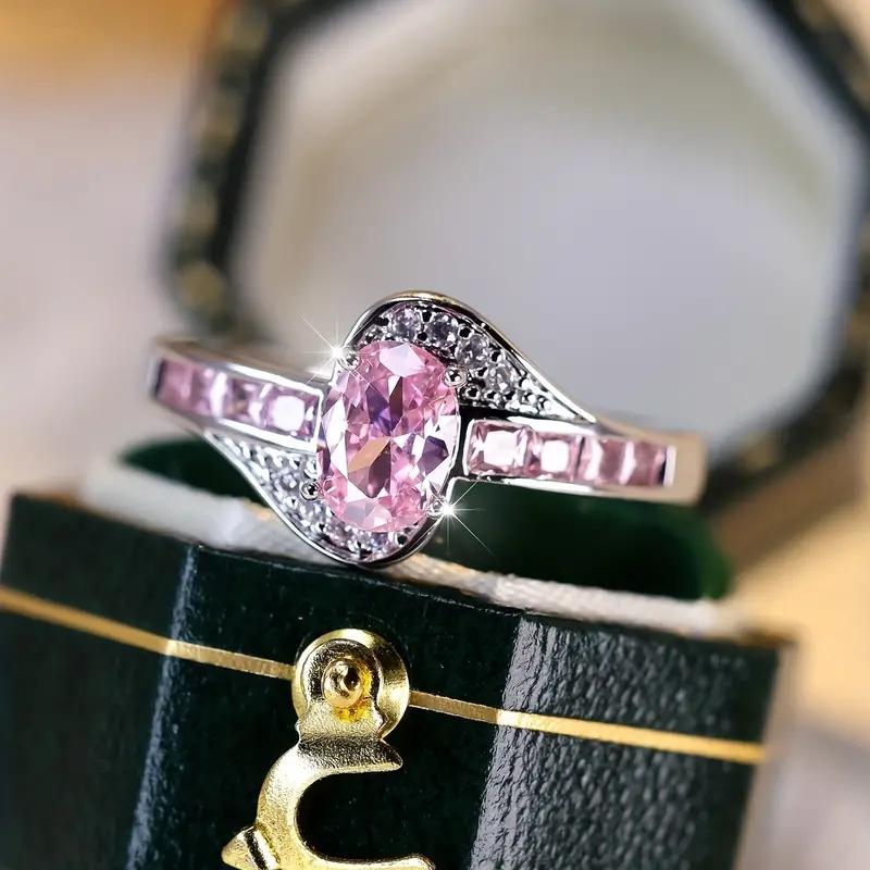Винтажное женское кольцо овальной огранки с розовым камнем и цирконием серебристого цвета, обручальное кольцо невесты, обручальные кольца для женщин