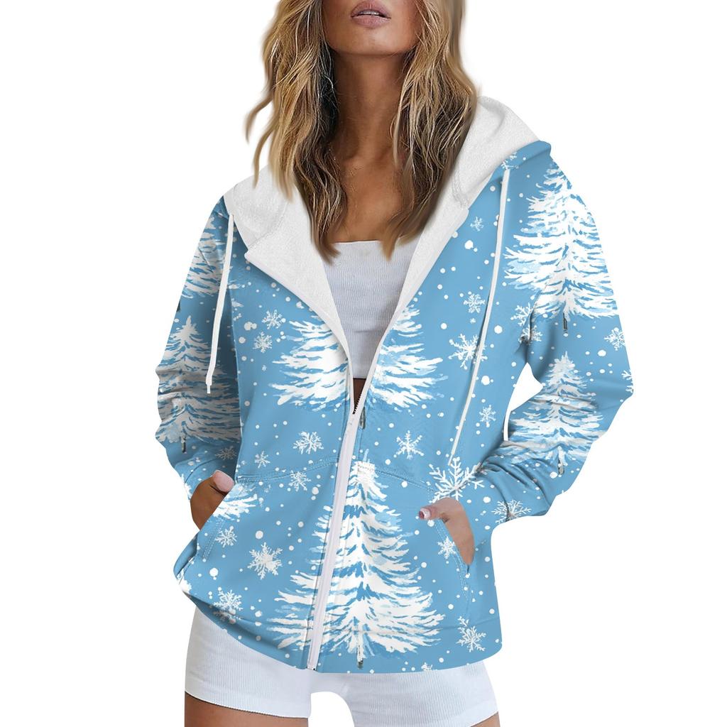 Женская рождественская печатная толстовка осень-зима с длинным рукавом кардиган куртка с карманами на молнии толстовка с капюшоном верхняя одежда
