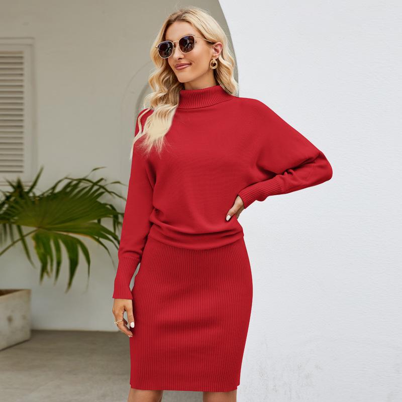 Temperament women's clothing solid color long knitted dress, minimalist temperament showing thin hip-wrapped turtleneck sweater skirt