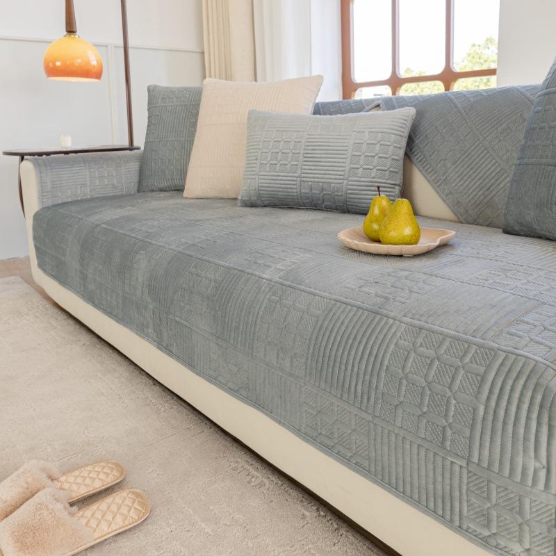 Nordic Simple Solid Color Modern Plush Sofa Cushion Four Seasons Universal Embroidery Non-Slip Seat Cushion Dutch Velvet Sofa Cover Towel