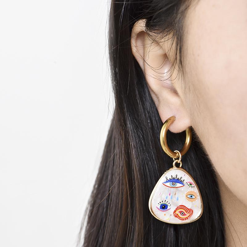 Trendy Colorful Eye Heart Star Pattern Stainless Steel Hoop Earrings Woman Vintage Geometric Enamel Gold Color Female Jewelry