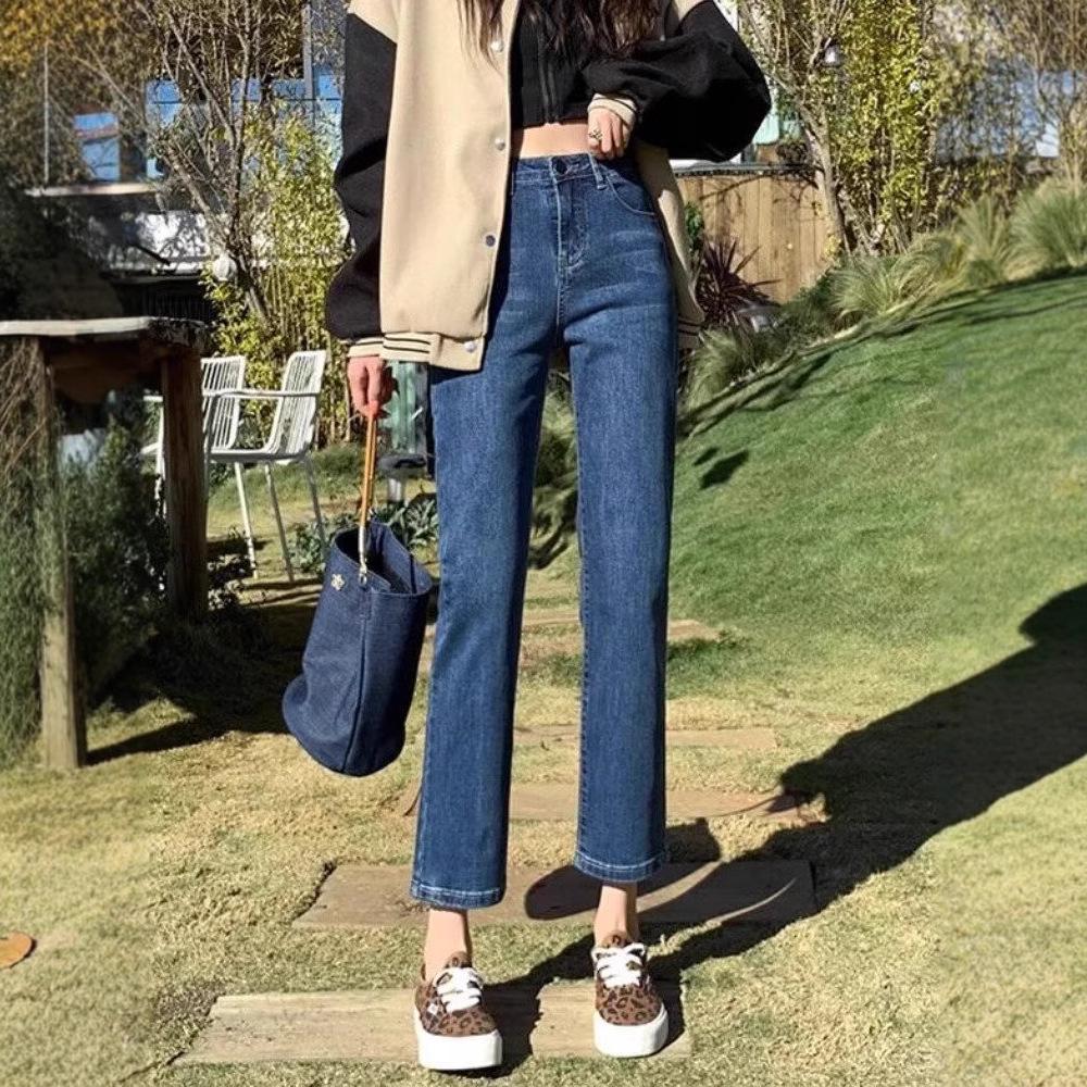 Женские джинсы-сигареты однотонные с высокой посадкой, Осень 2024