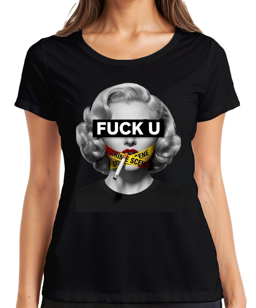 FUCK U Crime Scene Tape Retro Pinup Pop Art Provocative Ladies T-Shirt Cigarette