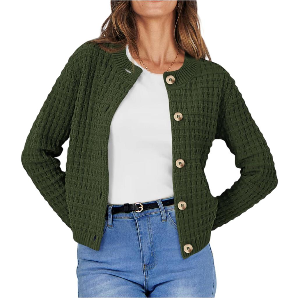 Women's Fashionable Solid Color Long Sleeved Button Knit Cardigan Casual Sweater Jacket