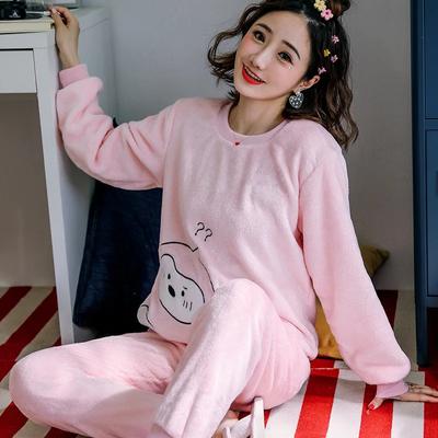 Утолщенная теплая пижама для зимы, фланелевая одежда для сна с круглым вырезом для девочек, комплект из 2 предметов, женская пижама с длинными рукавами и рисунком медведя из мультфильма, домашняя одежда