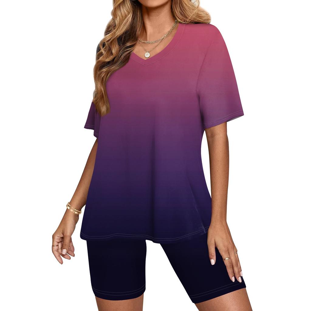 Женский топ с v-образным вырезом и короткими рукавами с градиентным принтом и шорты с принтом, комплект из двух предметов