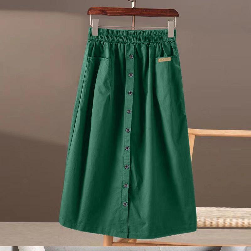 Весенне-летняя эластичная юбка с высокой талией, большими карманами и разрезом для утягивающего эффекта, однотонная юбка А-силуэта средней и длинной длины