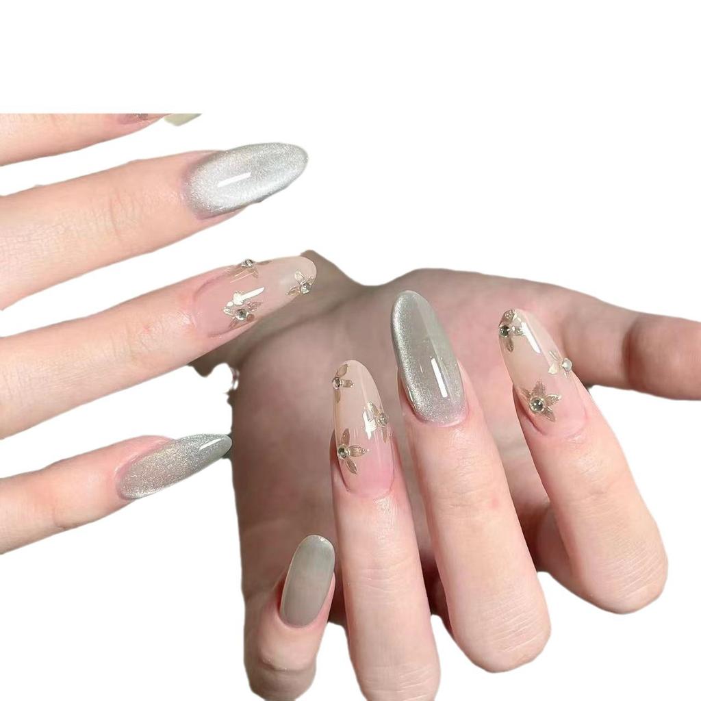 Nail Art Wearing Armor Temperament Style Nude Cat Eye Hand-painted Magic Mirror Pink Flower Detachable Fake Nails