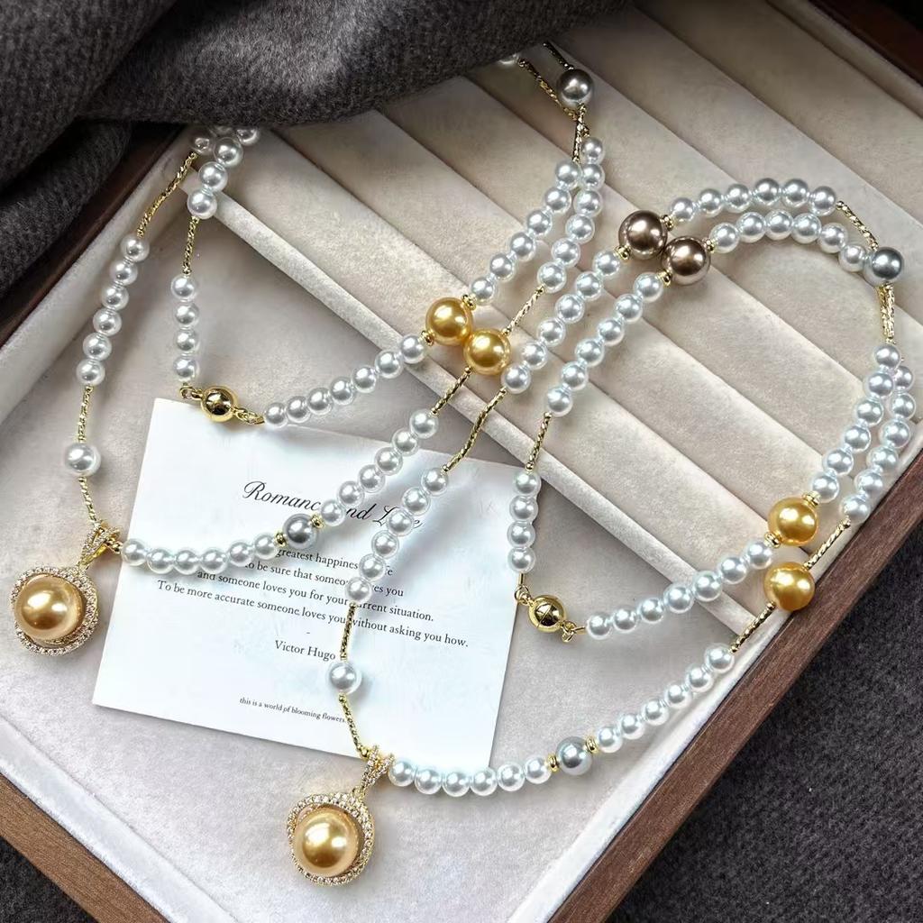 Vintage High-Gloss Perfect Circle Artificial Crystal Pearl Sweater Chain Necklace Collarbone Chain Pendant