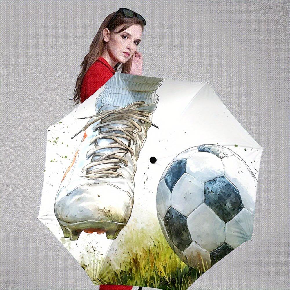Folding Umbrella The Umbrella Features a Large Soccer Ball Pattern with a Grassy Background. Fits Travel, Backpack, Holiday Gi