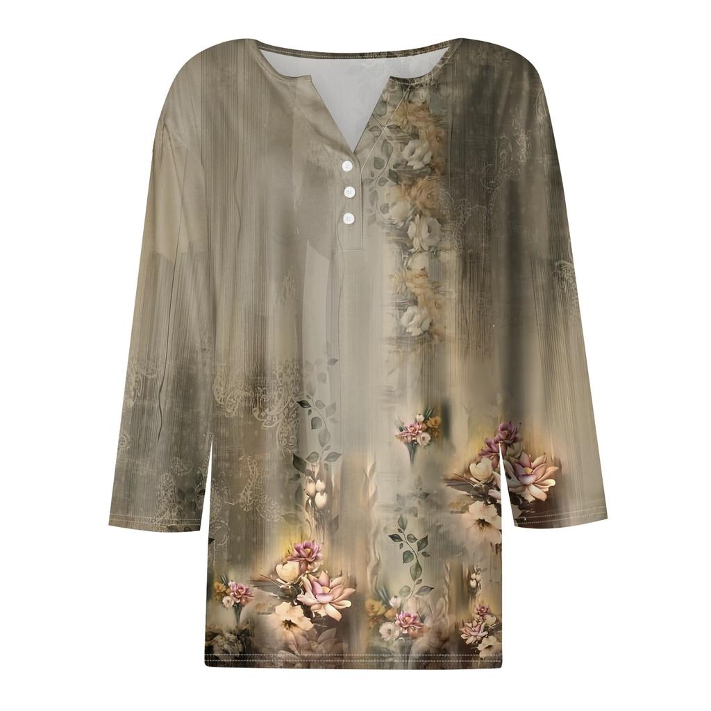 Women's T Shirt Tee Print Button  3/4 Sleeve Daily Weekend Fashion Basic V- Neck Regular Top