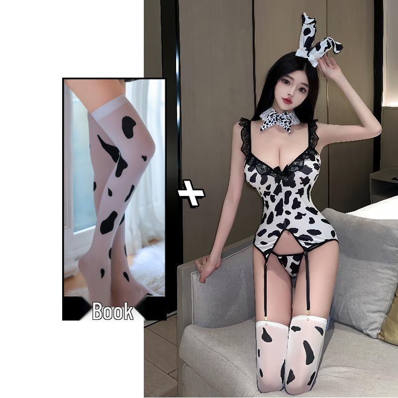 Оригинальный костюм нижнего белья в коровьем стиле: Черные шелковые чулки, которые можно порвать