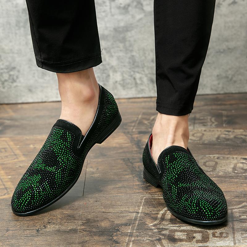Men's Rhinestone Embellished Pointed Toe Loafers Slip-On Comfortable Casual Business Dress Leather Shoes Luxury Party Moccasins
