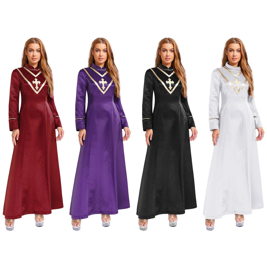 Womens Priest Cleric Cassocks Embroidered Cross Long Sleeve Back Zipper Long Robe