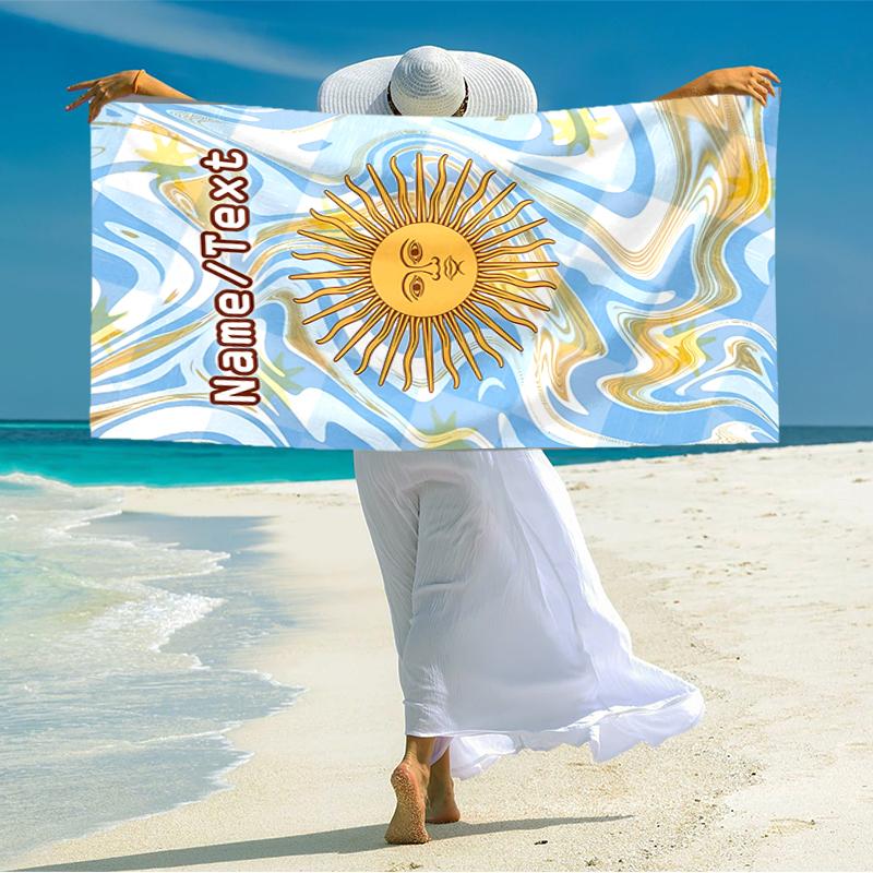 1PC Custom Name Sun Text Marble Beach Towel Highly Absorbent And Sand-Resistant Towel for Swimming, Pool, Yoga, And Travel Lightweight