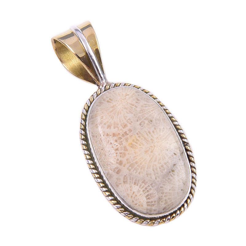 Подвеска из натурального ископаемого коралла из стерлингового серебра 925 пробы в двухцветном исполнении 1,25 дюйма Z2B07