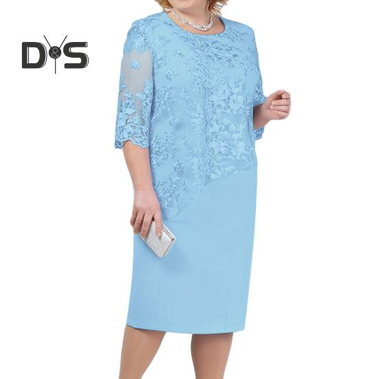 Women Plus Size Prom Dress O Neck Half Sleeve Embroidery Lace Floral Patchwork Dress Fake Two Pieces Wedding Party Dress