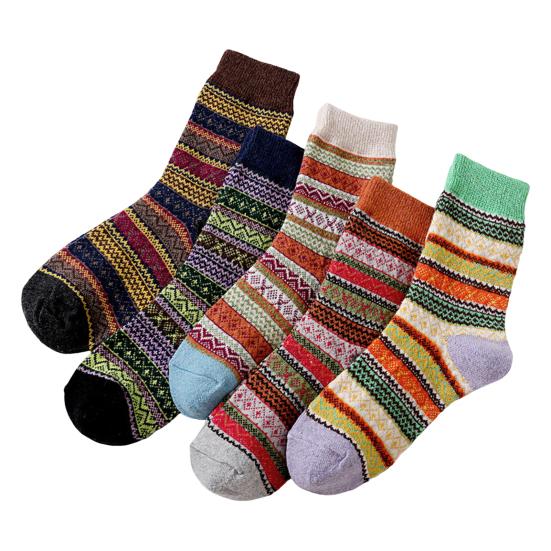 5 Pairs Winter Warm Crew Socks for Women Thick Mid-Calf Knitted Socks Retro Ethnic Style Socks for Christmas Gifts