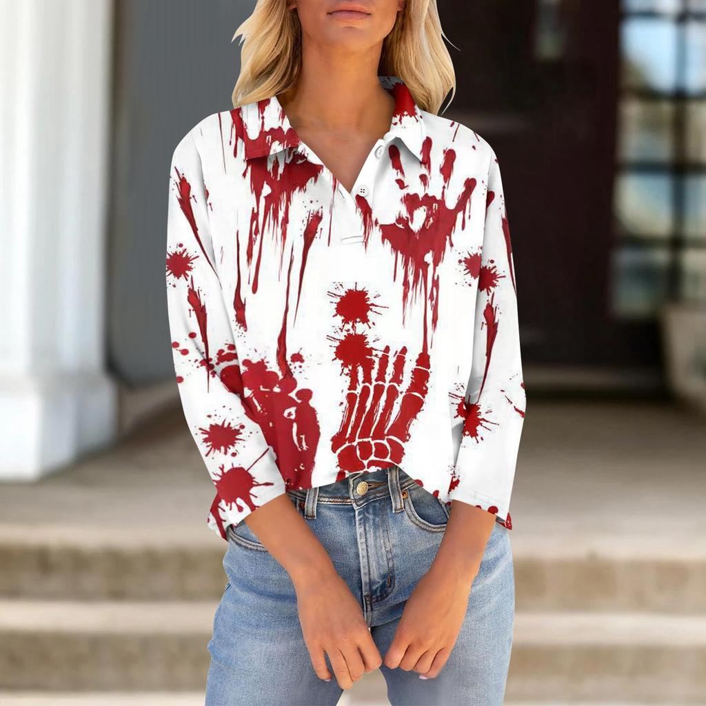 Женская футболка с рукавами семь четвертей, V-образным вырезом, застегивающаяся на пуговицы, с принтом свободного кроя на Хэллоуин