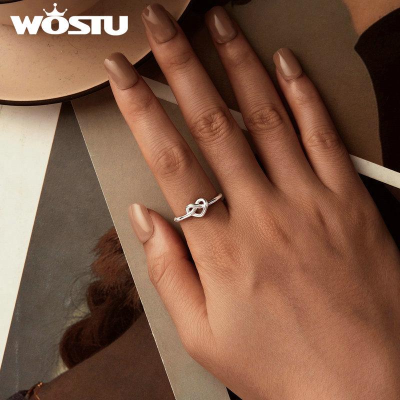 WOSTU Женское кольцо из стерлингового серебра 925 пробы, простое сердце с полым отверстием и узлом, регулируемые кольца в форме сердца в стиле минимализм