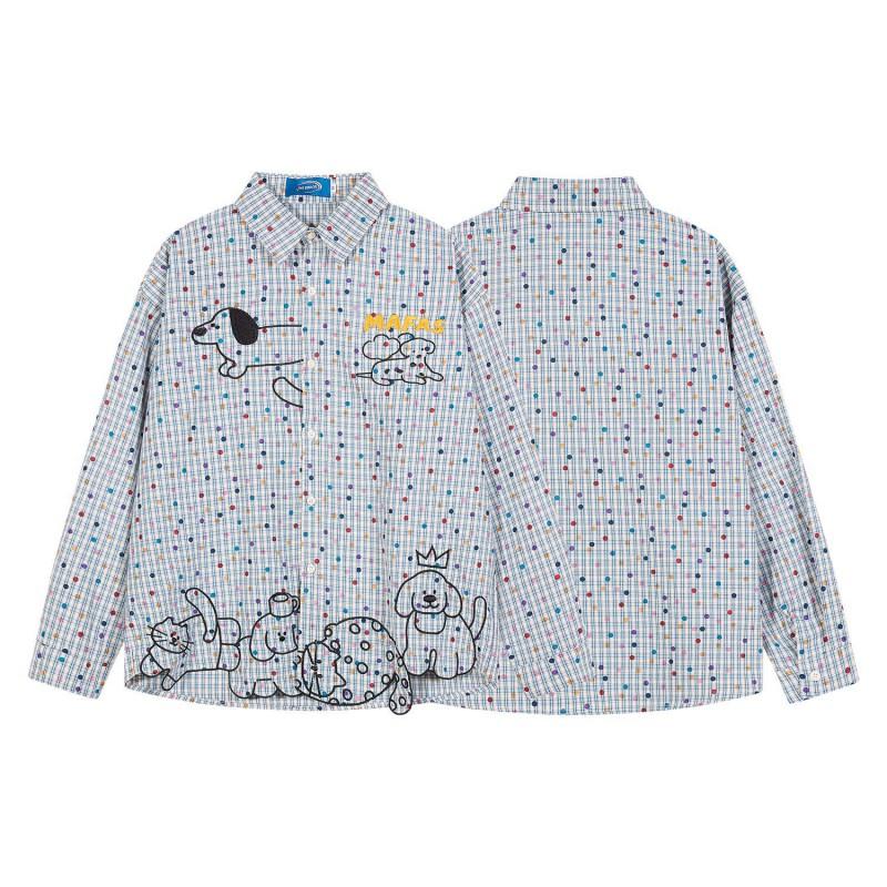 American Retro Cartoon Plaid Long Sleeve Shirt Unisex Polka Dot Puppy Embroidery Loose Casual Blouse