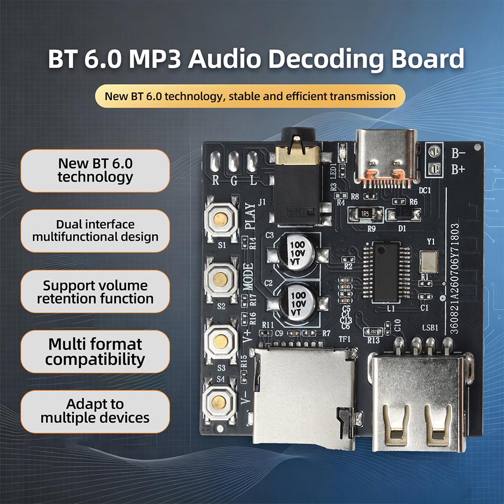 DC 5V Bluetooth 6.0 MP3 Audio Decoder Board AAC Audio Receiver Module Type‑C USB‑A for Headphone Amplifier Speaker Playback