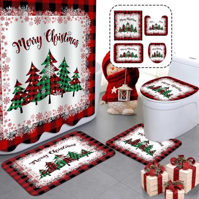 Набор из 4 предметов: Занавеска для душа для ванной Merry Christmas, красная клетка буффало, занавеска для ванной с 12 крючками, нескользящие коврики, коврик для крышки унитаза, перегородка для ванной