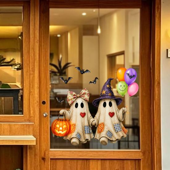 Halloween Window Cling Vintage Patch Ghost Static Clings, Thanksgiving Pumpkin Bow Maple Leaf Autumn Home Decoration Glass Stickers, Reusable