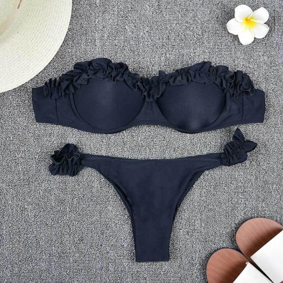 2Pcs/Set Women Summer Bikini Set Bandeau Ruffle Trim Bra Mid Rise Briefs Set Push Up Bathing Suit Split Design Swimsuit