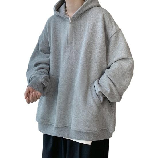 Fall Spring Men Hoodie Half Zipper Hooded Pockets Long Sleeves Loose Elastic Cuff