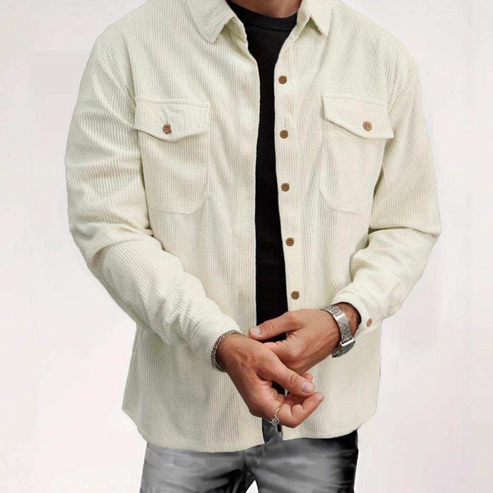 Мужская повседневная вельветовая рубашка с длинными рукавами на пуговицах, модная и удобная куртка с двойными карманами - куртка в уличном стиле, повседневная рубашка с лацканами
