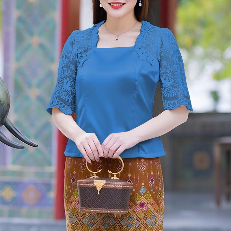 ZANZEA Женская повседневная атласная блузка с квадратным вырезом, кружевной вставкой и рукавами до локтя