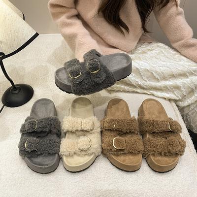 2025 новые тапочки из овечьей шерсти женские осенние модные универсальные тапочки-шлепанцы с плоской подошвой и пряжкой-ремнем