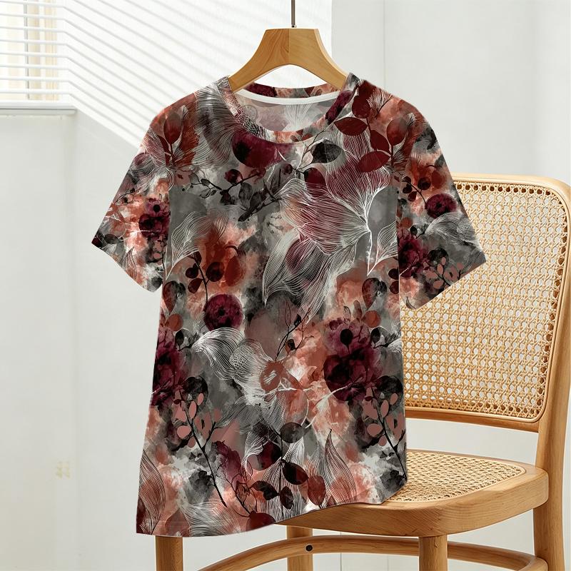 Women's Floral Crew Neck Short Sleeve T-Shirt Korean Style Basic Tee,Soft Fabric,Versatile for Daily Casual & Short Trips