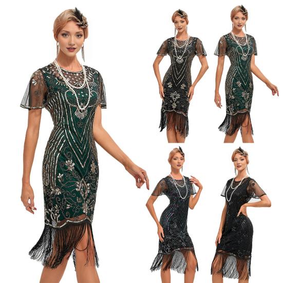 Женское выпускное платье в винтажном стиле с ажурным кружевом, кисточками и пайетками, прозрачным круглым вырезом, короткими рукавами, облегающим фасоном, застежкой-молнией сзади, банкетное платье