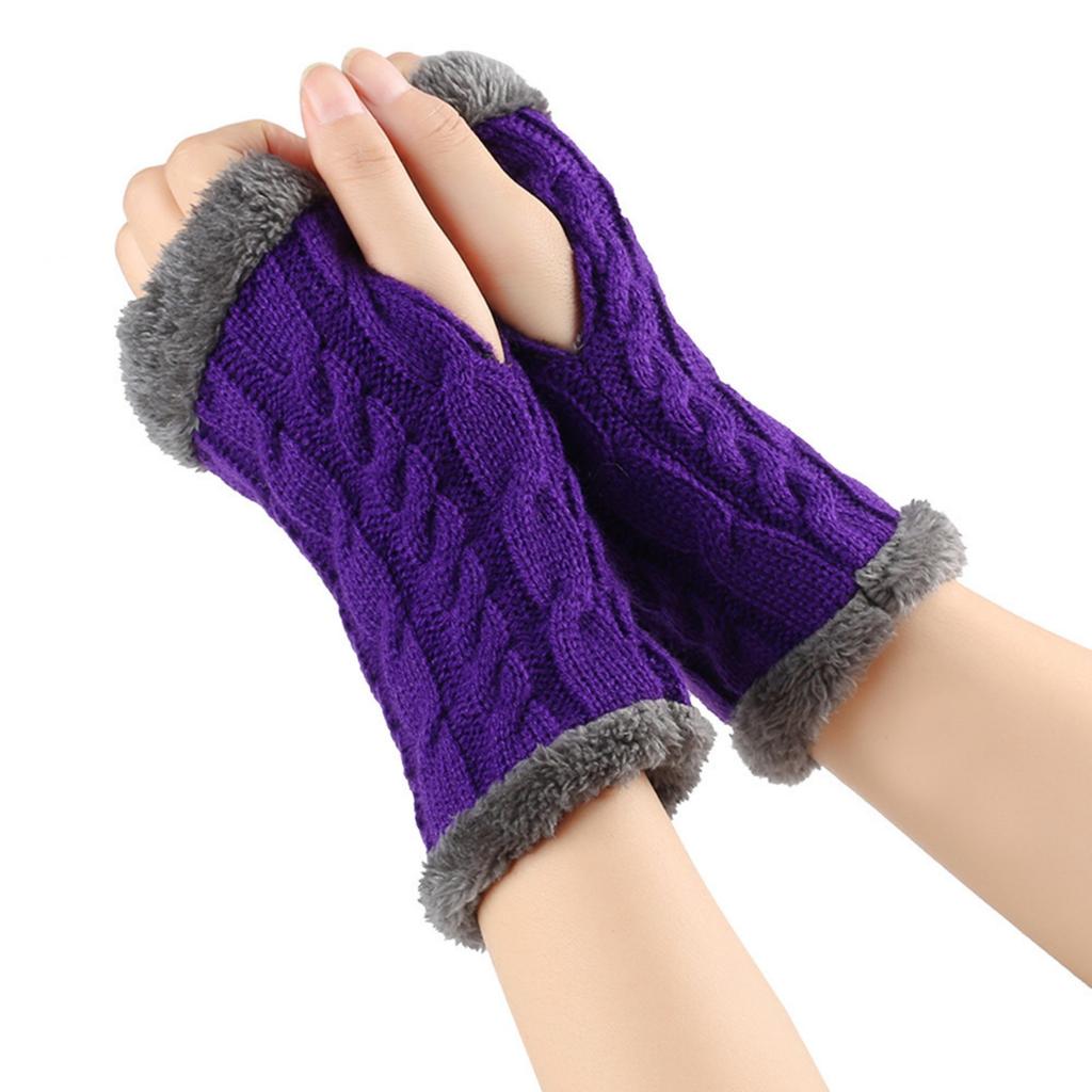 Women's Winter Warm Wool Gloves, Fingerless Twisted Knit Color Short Gloves