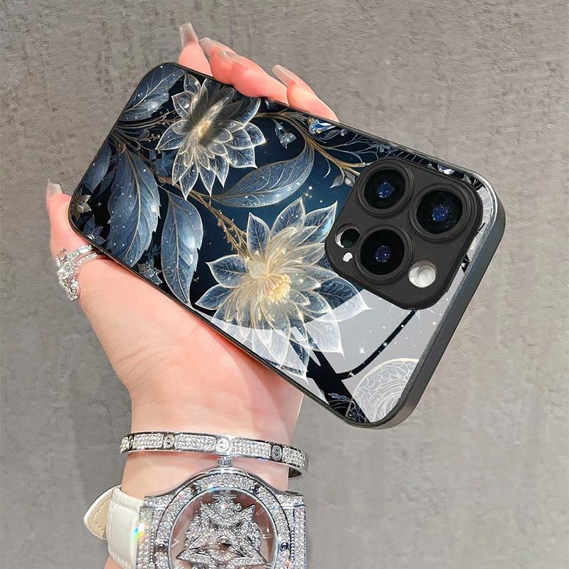 Светящийся Цветочный Узор Закаленное Стекло Чехол Для Телефона Для iPhone 17 16 15 14 Pro Max 13 12 11 Pro 16E 17Air 7 8 Plus XR XS X Чехол